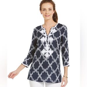 Charter Club Navy and White Tunic Top